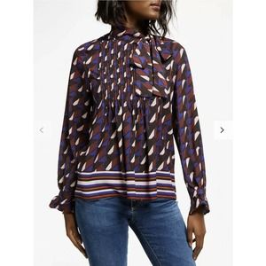 SUNCOO Leontine Abstract Print Tie Neck Blouse, Burgundy/Multi T1 (S-M)